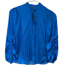 Tahari Blue Satin Blouse Sz XS Blue Ivy Puff Sleeve Ruched Romantic Coquette